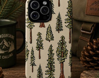 Vintage Pine Tree Phone Case, Woodland Forest Aesthetic Cover, Cottagecore Nature Design, iPhone Samsung Pixel