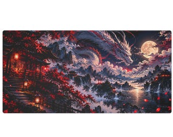 May include: A rectangular desk mat featuring a detailed illustration of a white dragon winding through clouds above a landscape with traditional buildings, waterfalls, red maple trees, and a full moon in a dark night sky.