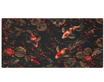 May include: A rectangular desk mat featuring a dark, moody pond scene with several koi fish swimming among lily pads and red lotus flowers. The koi have white and orange-red scales, contrasting against the deep black and dark brown water.
