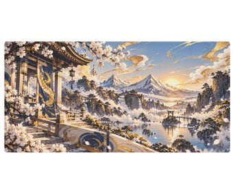 May include: A rectangular desk mat featuring a detailed illustration of a Japanese-style temple complex with cherry blossoms, snow-capped mountains, a calm lake, and a golden sun rising in the background, rendered in shades of blue and gold.