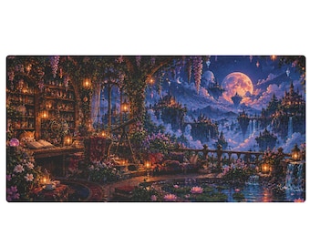 Enchanted Forest Cottage Desk Mat XXL 48x24 Cozy Wizard Library Mouse Pad, Moon Gaming Desk Pad Gift for Gamer Girl, Bookish Aesthetic