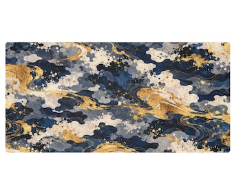 May include: A rectangular desk mat featuring an abstract pattern of dark blue, light blue, and cream-colored clouds interspersed with flowing, metallic gold brushstrokes and splatters across the entire surface of the mat.