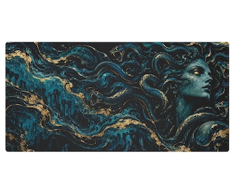 May include: A rectangular desk mat featuring a dark teal and black illustration of a figure with snakes for hair. The design incorporates swirling patterns and gold-colored accents that highlight the serpentine forms and the profile of the face.