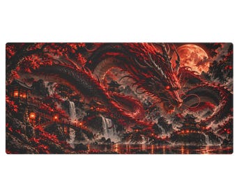 Red Dragon Desk Mat, Large Gaming Mouse Pad 48x24, Japanese Dragon Desk Pad, Blood Moon Fantasy Keyboard Mat, Gift