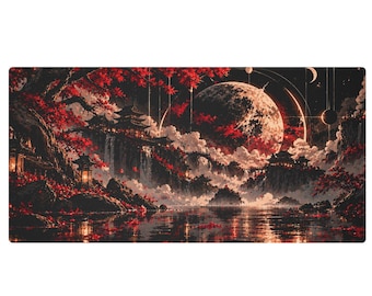 Japanese Pagoda Desk Mat XXL 48x24 Red Maple Moon Mouse Pad Large Gaming Desk Pad Dark Aesthetic Gift for Gamer Girl Anime Keyboard Mat
