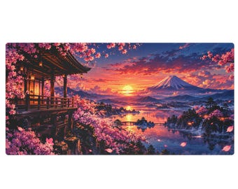 May include: A rectangular desk mat featuring a vibrant sunset landscape with a snow-capped mountain, a traditional wooden pavilion, and blooming pink cherry blossom trees surrounding a calm lake under a colorful orange and purple sky.