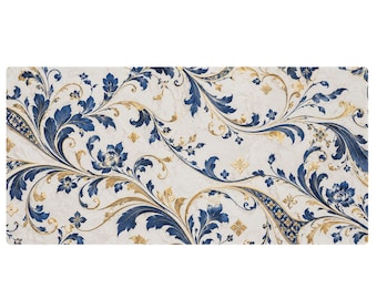 May include: A rectangular mat featuring a white marble-like background with an intricate pattern of swirling dark blue acanthus leaves and delicate gold floral accents. The design is symmetrical and repeating, covering the entire surface area.