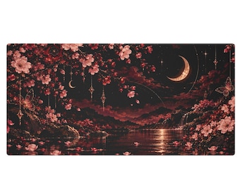 Cherry Blossom Desk Mat XXL 48x24 Sakura Moon Mouse Pad Gaming Large Desk Pad Cute Aesthetic Gift for Gamer Girl Dark Floral Keyboard Mat
