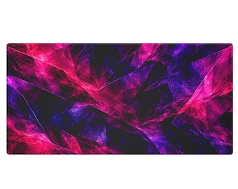 May include: A rectangular desk mat featuring a vibrant abstract pattern of sharp, geometric shapes in shades of deep magenta, bright pink, and dark violet, contrasted against areas of black, creating a crystalline, multi-faceted visual effect.