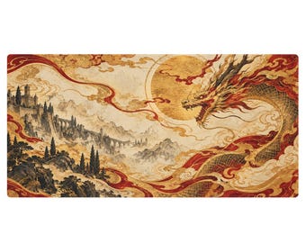 May include: A rectangular desk mat featuring a detailed illustration of a long, serpentine dragon winding through swirling red and gold clouds. A large golden sun sits behind the dragon, overlooking a mountain landscape with a stone castle.