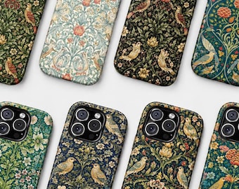 May include: Eight rectangular smartphone cases arranged in two rows, each featuring a distinct intricate botanical and avian pattern with birds, flowers, and foliage in various color palettes including green, blue, black, and cream tones.