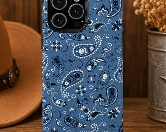 Blue Bandana Phone Case, Western Paisley Cowboy Cover, Country Aesthetic Rodeo Style, Denim Blue Tough Case Gift iPhone Samsung Google
