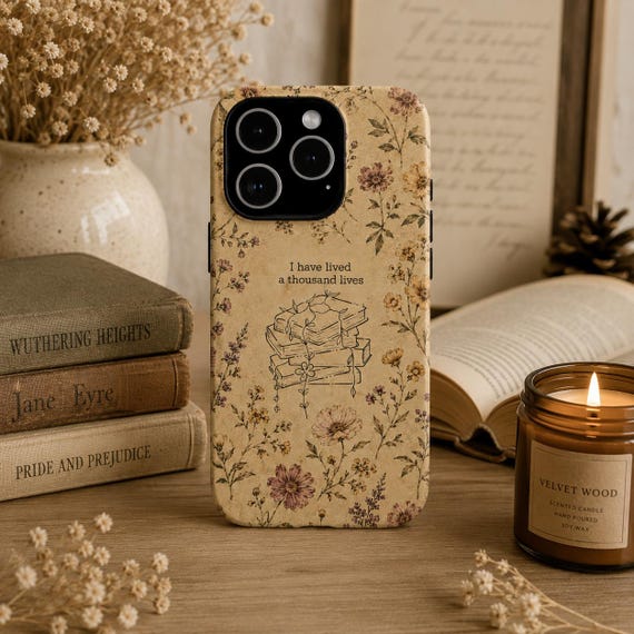 Vintage Book Lover Phone Case, Floral Cottagecore Design, I Have Lived A Thousand Lives, Literary Aesthetic Cover, iPhone Samsung Pixel
