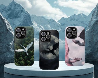 Cover per telefono con silhouette di drago, fasi lunari e quarta ala, compatibile con iPhone 17 Pro, 16, 15, 14, 13, 12, Samsung S25, S24, S23, S22, A16, A26, Pixel 10.