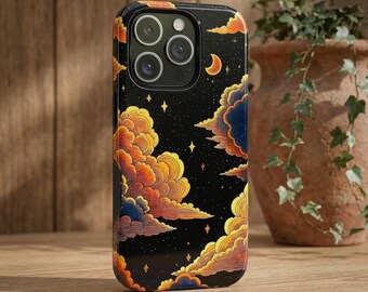 Cover per telefono con nuvole arancioni celestiali, luna e stelle / Cover resistente per iPhone Pro, Samsung Galaxy, Google Pixel