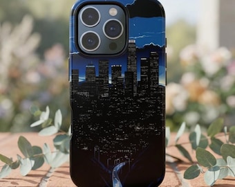 Cover per telefono con skyline notturno della città / Paesaggio urbano, cielo blu, cover resistente per iPhone Pro, Samsung Galaxy, Google Pixel