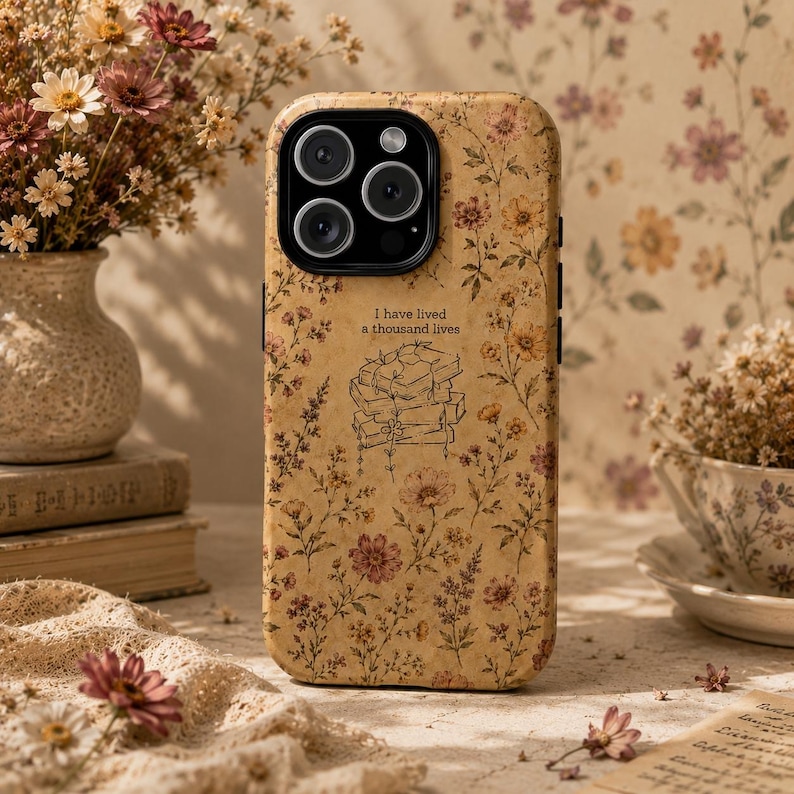 Vintage Book Lover Phone Case, Floral Cottagecore Design, I Have Lived A Thousand Lives, Literary Aesthetic Cover, iPhone Samsung Pixel image 16