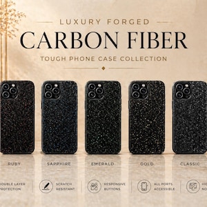 May include: Five black carbon fibre phone cases with textured surfaces are displayed. The cases are labelled Ruby, Sapphire, Emerald, Gold, and Classic. The text "LUXURY FORGED CARBON FIBER TOUGH PHONE CASE COLLECTION" is at the top.