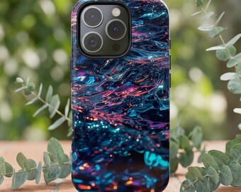 Custodia/cover per telefono resistente con motivo onde liquide astratte al neon, blu e rosa iridescenti per iPhone Pro, Samsung Galaxy, Google Pixel