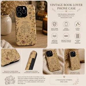 May include: A beige phone case with a floral pattern and a line drawing of a stack of books. The text reads, "I have lived a thousand lives." The case features a glossy finish, camera cutouts, and side buttons. It is presented with icons highlighting dual layer protection, shock absorption, wireless charging compatibility, and UV print fade resistance.