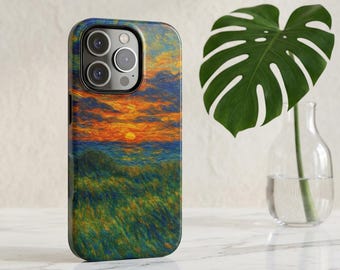 Cover per telefono con paesaggio impressionista al tramonto, stile Van Gogh, design con prato pittorico, per iPhone e Samsung Pixel.
