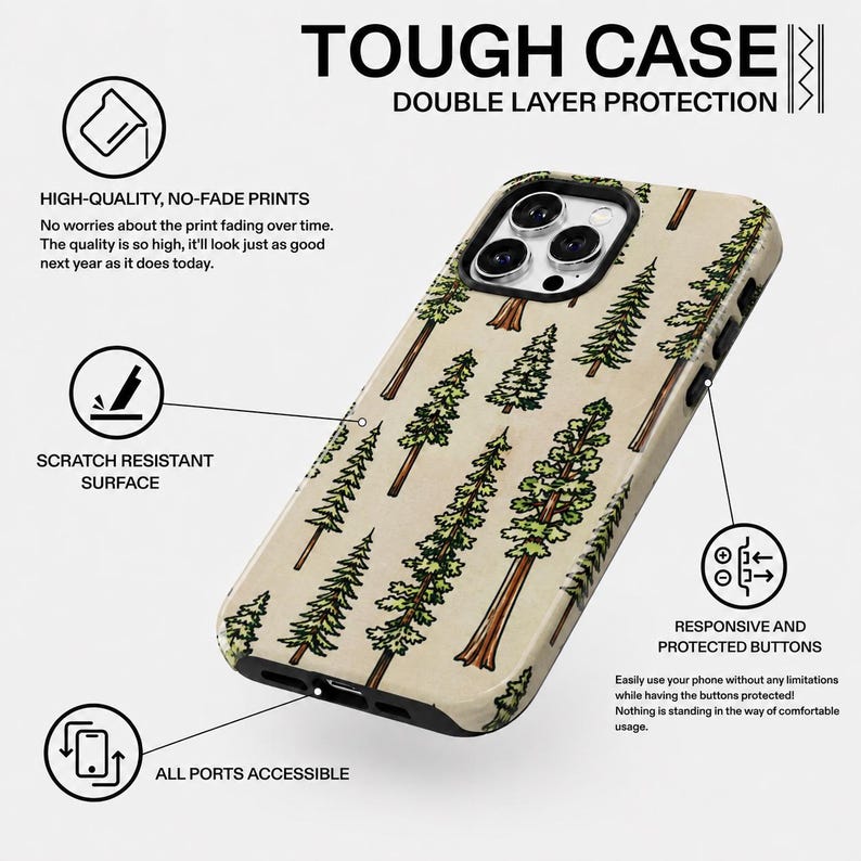 May include: A phone case with a beige background and a repeating pattern of green and brown pine trees. The case has the words "TOUGH CASE" and "DOUBLE LAYER PROTECTION" printed on it. The case is scratch resistant and has responsive buttons.