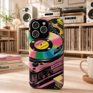 Vinyl Record Player Phone Case, Retro Music Lover Gift, Rainbow LP Turntable Design, DJ Aesthetic iPhone Google Samsung Cover