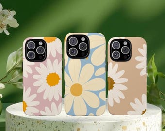 Cover per telefono con motivo floreale margherite retrò, blu e giallo, compatibile con iPhone 17 Pro, 16, 15, 14, 13, 12, Samsung S25, S24, S23, S22, A16, A26, Pixel 10, 9 Pro.