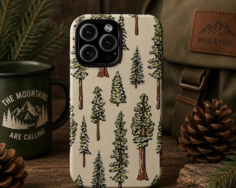Cover per telefono vintage con albero di pino, cover estetica bosco foresta, design cottagecore naturalistico, iPhone Samsung Pixel