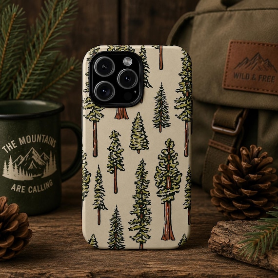 Vintage Pine Tree Phone Case, Woodland Forest Aesthetic Cover, Cottagecore Nature Design, iPhone Samsung Pixel