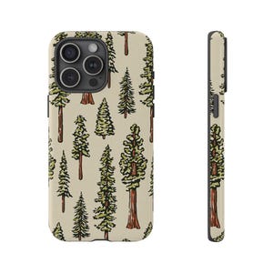 May include: A phone case with a beige background and a repeating pattern of green and brown trees. The case is shown from the front and side, showcasing the design's wrap-around nature. The trees vary in size and style, creating a natural, outdoorsy aesthetic.