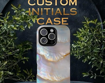 Elegante custodia per telefono personalizzata in madreperla iridescente / Monogramma dorato personalizzato / Cover resistente e di lusso per iPhone e Samsung, regalo perfetto per lei.
