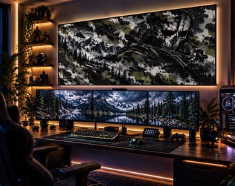 May include: A gaming setup featuring three monitors displaying a mountain lake landscape, a large wall art piece with a skull and helicopter graphic, a mechanical keyboard, a mouse, a headset, and a computer tower with internal lighting.