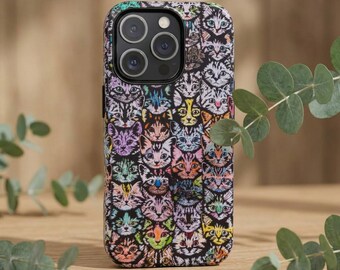 Cover per telefono con faccine di gatti colorate / Cover resistente per amanti dei gatti, compatibile con iPhone Pro, Samsung Galaxy e Google Pixel