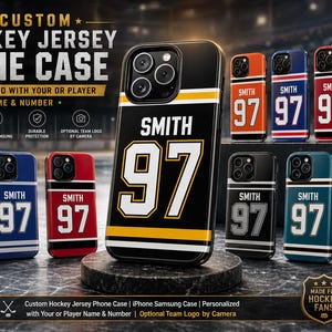 May include: Custom hockey jersey phone cases in various colors, featuring the name "SMITH" and the number "97". The cases are designed to fit iPhone and Samsung models, with durable protection and optional team logos.