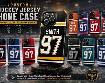 Cover per telefono personalizzata con maglia da hockey, nome e numero personalizzati, colori della squadra di hockey, per iPhone e Samsung Pixel.