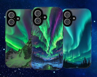 May include: Three phone cases with vibrant designs depicting the aurora borealis. The cases showcase a range of colors, including green, purple, and blue, with mountain and forest landscapes. The cases have camera cutouts.