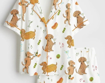 Conjunto de pijama adorable con estampado divertido de perro salchicha, pijama de manga corta y pantalón largo a juego.