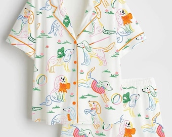 Conjunto de pijama de perro adorable, manga corta y manga larga, estampado de cachorro de dibujos animados, ropa de dormir para mujer.
