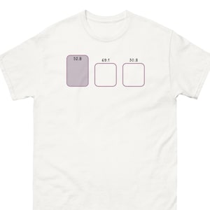 May include: White t-shirt with a graphic design featuring three rectangular shapes in a row. The first shape is filled with a light purple color and the numbers 52.8 are above it. The other two shapes are empty with the numbers 69.1 and 30.8 above them.