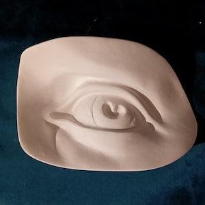 Può includere: Un calco in gesso bianco di un occhio umano, compresa la palpebra, il sopracciglio e i tratti del viso circostanti. L'occhio è dettagliato con l'iride, la pupilla e il dotto lacrimale. Il calco è posto su uno sfondo verde acqua scuro.