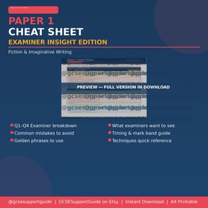 May include: A blue and white printable cheat sheet titled "PAPER 1 CHEAT SHEET EXAMINER INSIGHT EDITION" for Fiction & Imaginative Writing. Includes a preview of the full version, with bullet points listing key topics and a website address.