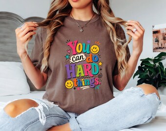 You Can Do Hard Things Comfort Colors Shirt, Retro Rainbow Graphic Tee, Motivational Gift