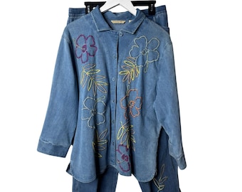 VTG 90s bechamelsaus geborduurde denim 2-delige set top en broek Boho Artsy Teacher Core