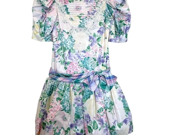VTG Nicole Floral Dress Kids 10 Garden Easter Lace Plaid Sash Balloon Skirt 90's
