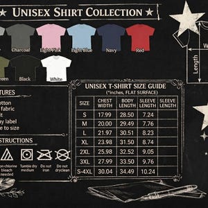 Peut inclure: Graphique de style tableau noir pr&eacute;sentant une collection de chemises unisexes. Il affiche diff&eacute;rentes couleurs de t-shirts, les principales caract&eacute;ristiques, les instructions d'entretien et un guide des tailles en pouces. Le guide des tailles comprend les mesures de la largeur de la poitrine, de la longueur du corps et de la longueur des manches.