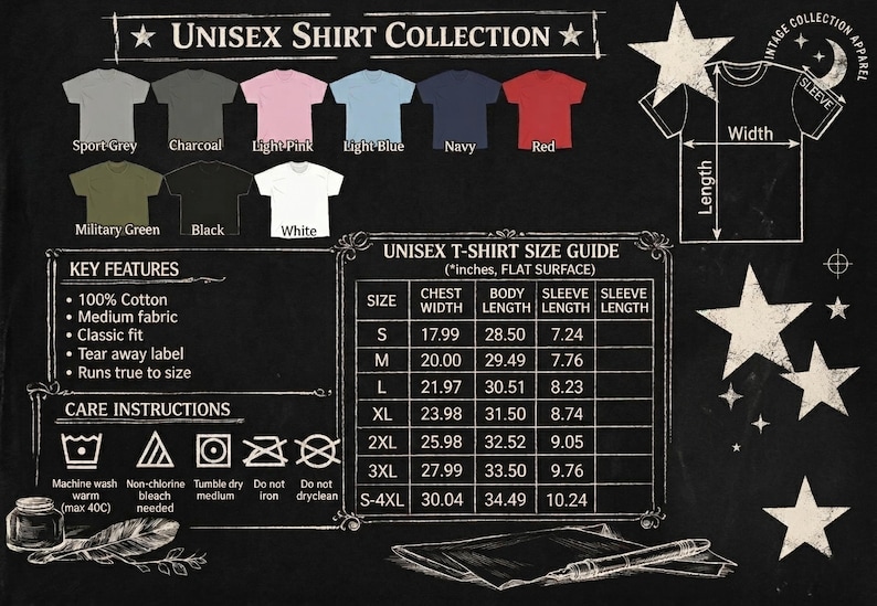 Peut inclure: Graphique de style tableau noir pr&eacute;sentant une collection de chemises unisexes. Il affiche diff&eacute;rentes couleurs de t-shirts, les principales caract&eacute;ristiques, les instructions d'entretien et un guide des tailles en pouces. Le guide des tailles comprend les mesures de la largeur de la poitrine, de la longueur du corps et de la longueur des manches.