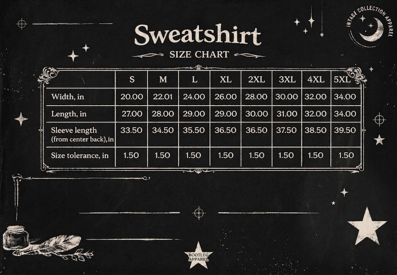 Peut inclure: Tableau des tailles noir pour sweat-shirt, avec mesures en pouces. Le tableau comprend les tailles S &agrave; 5XL, d&eacute;taillant la largeur, la longueur et la longueur des manches. Le texte "Sweatshirt SIZE CHART" est en haut, avec des &eacute;toiles d&eacute;coratives et un croissant de lune.