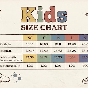 Peut inclure: Tableau des tailles pour enfants de style vintage, avec des mesures en pouces. Le tableau comprend la largeur, la longueur et la longueur des manches pour les tailles XS &agrave; XL. &Eacute;l&eacute;ments d&eacute;coratifs : &eacute;toile, skateboard et basket montante.