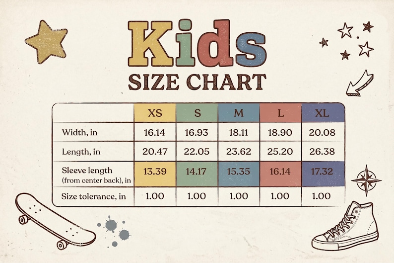 Peut inclure: Tableau des tailles pour enfants de style vintage, avec des mesures en pouces. Le tableau comprend la largeur, la longueur et la longueur des manches pour les tailles XS &agrave; XL. &Eacute;l&eacute;ments d&eacute;coratifs : &eacute;toile, skateboard et basket montante.